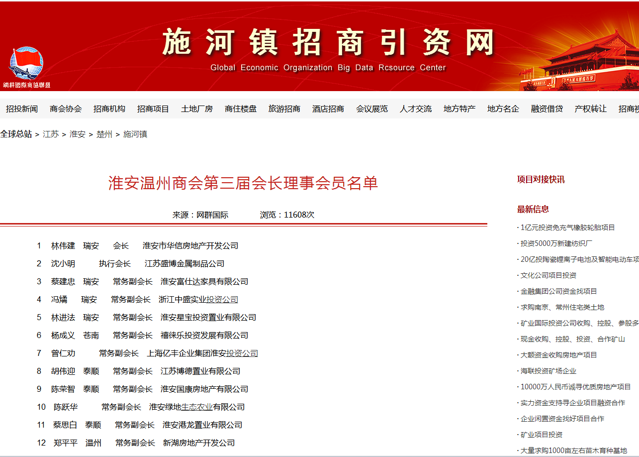 淮安温州商会第三届会长理事会员名单